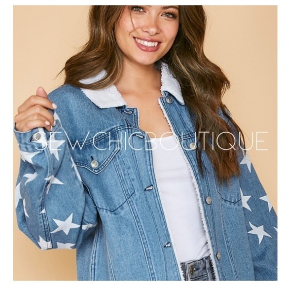 Sherpa Lined Denim Jacket w/ Star ⭐️ Sleeves - Picture 1 of 5